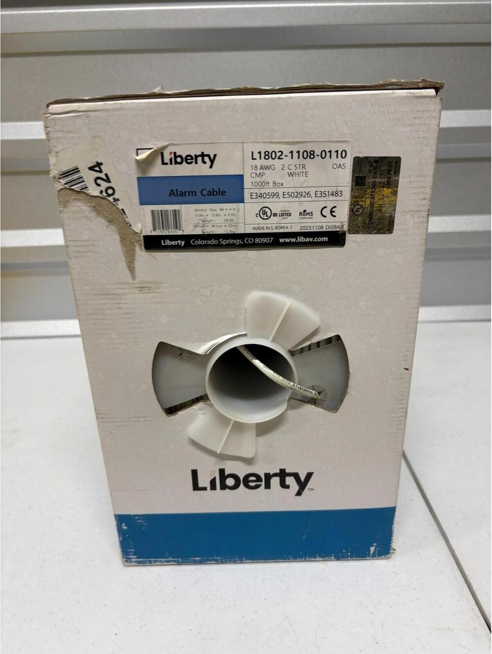 Liberty Alarm Cable 18 AWG 2 Conductor CMP White 1000Ft Box L1802-1108